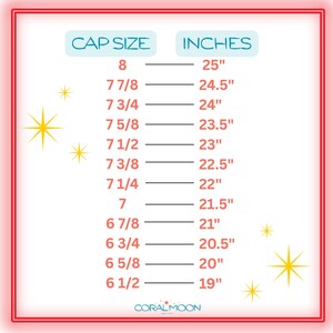 May include: A white chart with a red border displaying a cap size conversion table. The text reads CAP SIZE and INCHES, listing sizes from 6 1/2 to 8 with corresponding measurements from 19 inches to 25 inches. Yellow star icons decorate the chart.