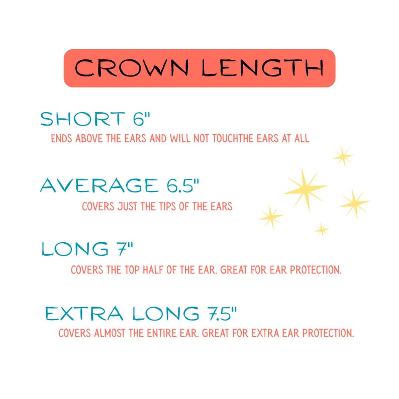May include: A chart titled CROWN LENGTH listing four sizes: Short 6 inches, Average 6.5 inches, Long 7 inches, and Extra Long 7.5 inches. Each size includes a description of how it covers the ears, accompanied by yellow star icons.