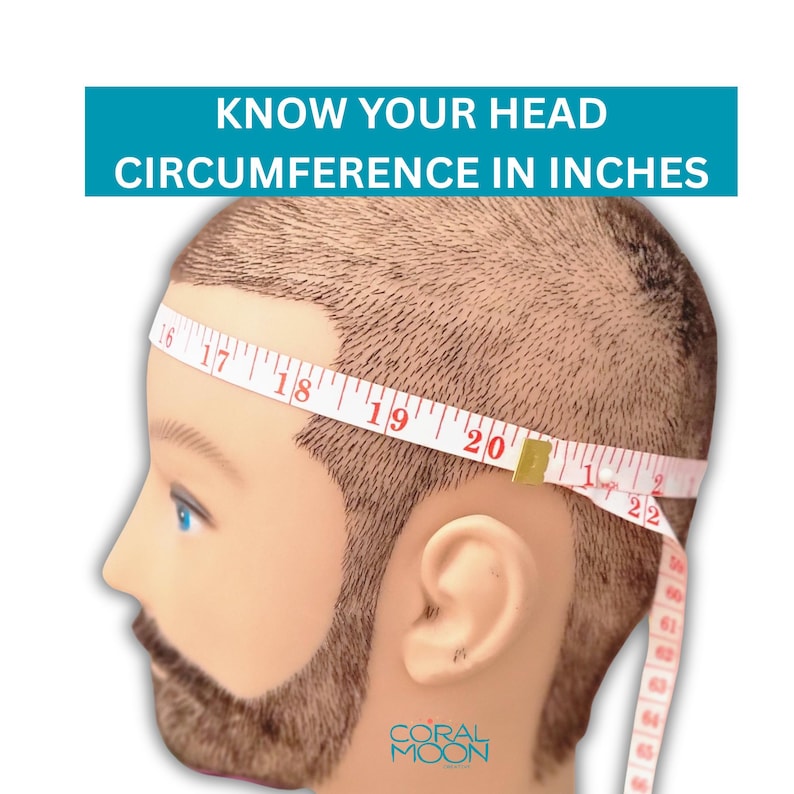 May include: A mannequin head with short brown hair and a beard, wrapped in a white measuring tape showing inches. The text above reads: KNOW YOUR HEAD CIRCUMFERENCE IN INCHES. The logo CORAL MOON is visible at the bottom of the mannequin neck.