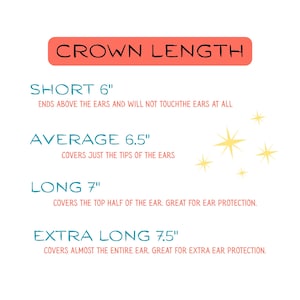 May include: A chart titled CROWN LENGTH listing four sizes: Short 6 inches, Average 6.5 inches, Long 7 inches, and Extra Long 7.5 inches. Each size includes a description of how it covers the ears, accompanied by yellow star icons.