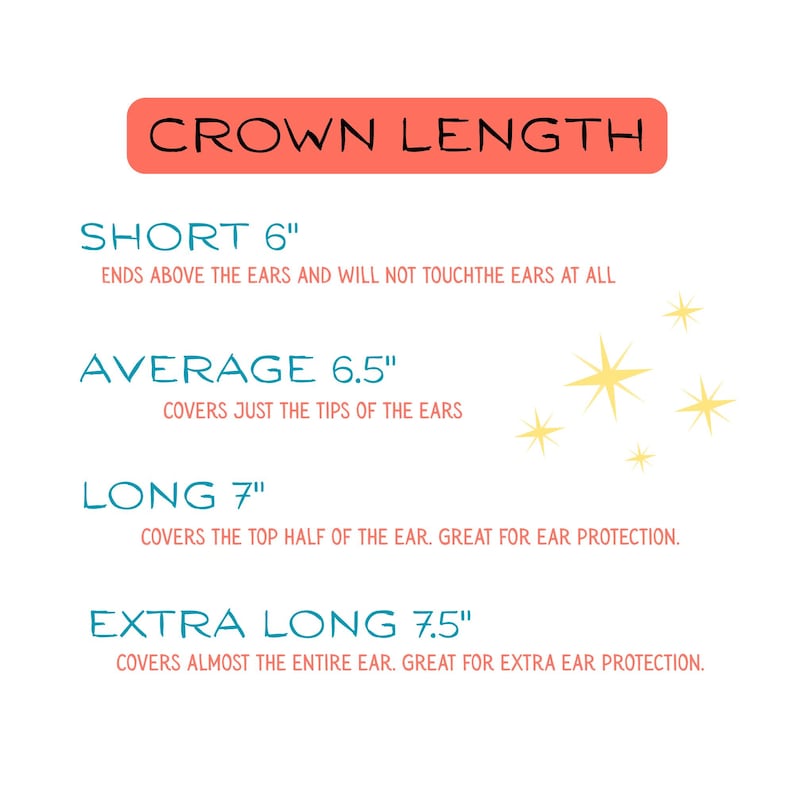 May include: A chart titled CROWN LENGTH listing four sizes: Short 6 inches, Average 6.5 inches, Long 7 inches, and Extra Long 7.5 inches. Each size includes a description of how it covers the ears, accompanied by yellow star icons.