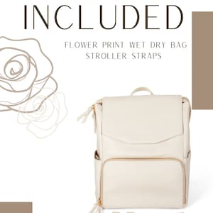 May include: A white diaper bag with gold accents and a flower print wet bag. The bag has two adjustable stroller straps.  Included: Flower Print Wet Dry Bag, Stroller Straps