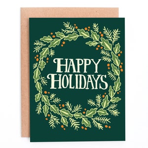 Happy Holidays Evergreen Wreath, Holiday Wreath Greeting Card, Christmas Card