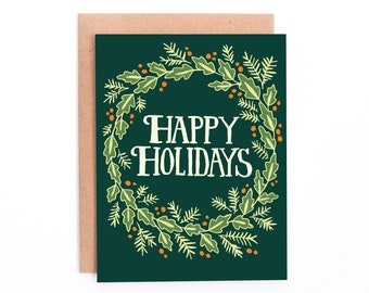 Happy Holidays Evergreen Wreath, Holiday Wreath Greeting Card, Christmas Card