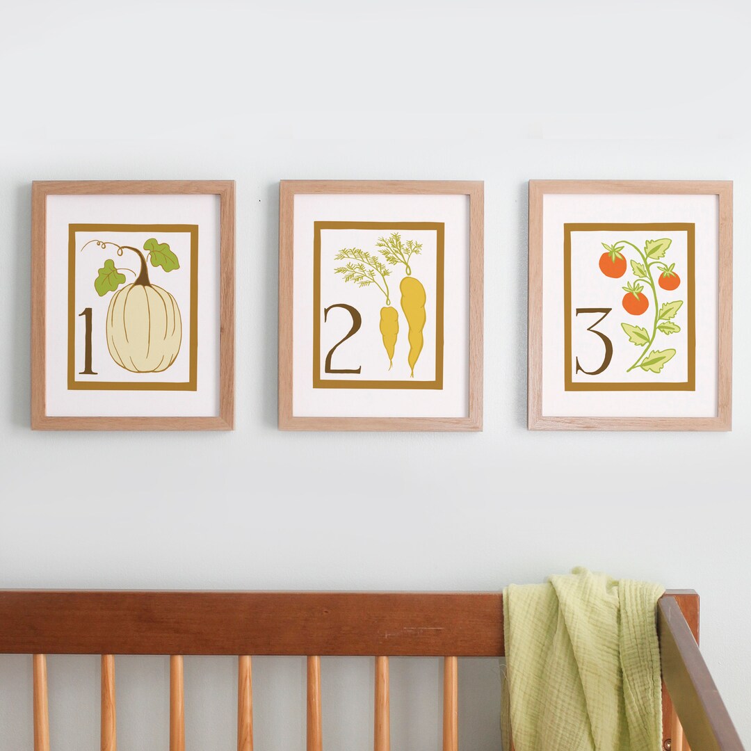 Nursery Vegetable and Number Art Prints, Set of 3, Vegetable Art Prints