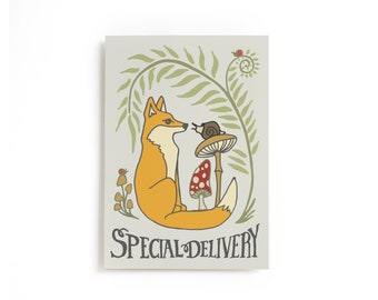 Special Delivery Fox postcard,  Woodland Animal Postcard, Forest Animal illustrated Postcard, 4x6 Postcard