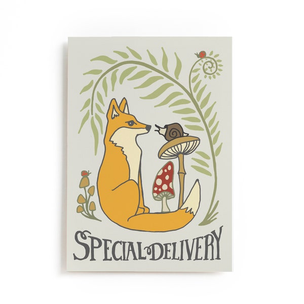Special Delivery Fox postcard,  Woodland Animal Postcard, Forest Animal illustrated Postcard, 4x6 Postcard