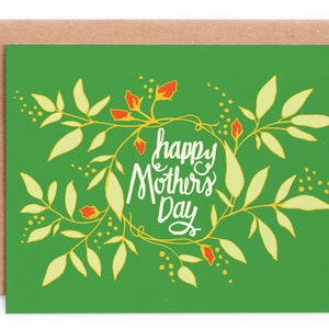 Corona floral Feliz Día de la Madre, Colorida Tarjeta del Día de la Madre, Tarjeta Positiva del Día de la Madre, Verde y Rojo Floral Día de la Madre