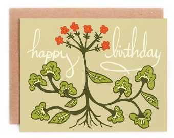 Primitive Folk Flower Happy Birthday, Birthday Card, Folk Art, Botanical Floral Card