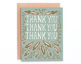 Folk Art Leaf Thank You Card, Thank you thank you thank you, Simple Thank You Card