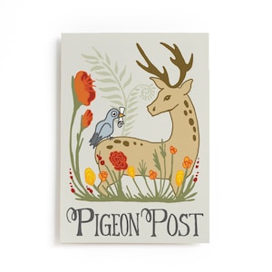 Carte postale pigeon pigeonneau cerf, carte postale animal des bois, carte postale illustrée animal de la forêt, carte postale 4 x 6