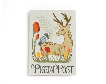 Pigeon Post Deer postcard,  Woodland Animal Postcard, Forest Animal illustrated Postcard, 4x6 Postcard