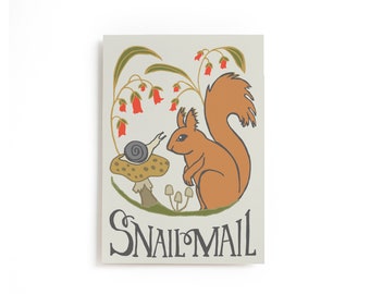 Snail Mail Squirrel postcard,  Woodland Animal Postcard, Forest Animal illustrated Postcard, 4x6 Postcard