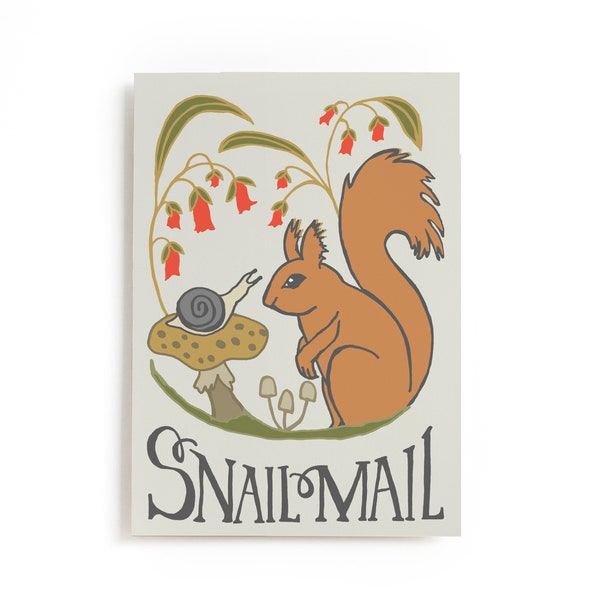 Snail Mail Squirrel postcard,  Woodland Animal Postcard, Forest Animal illustrated Postcard, 4x6 Postcard