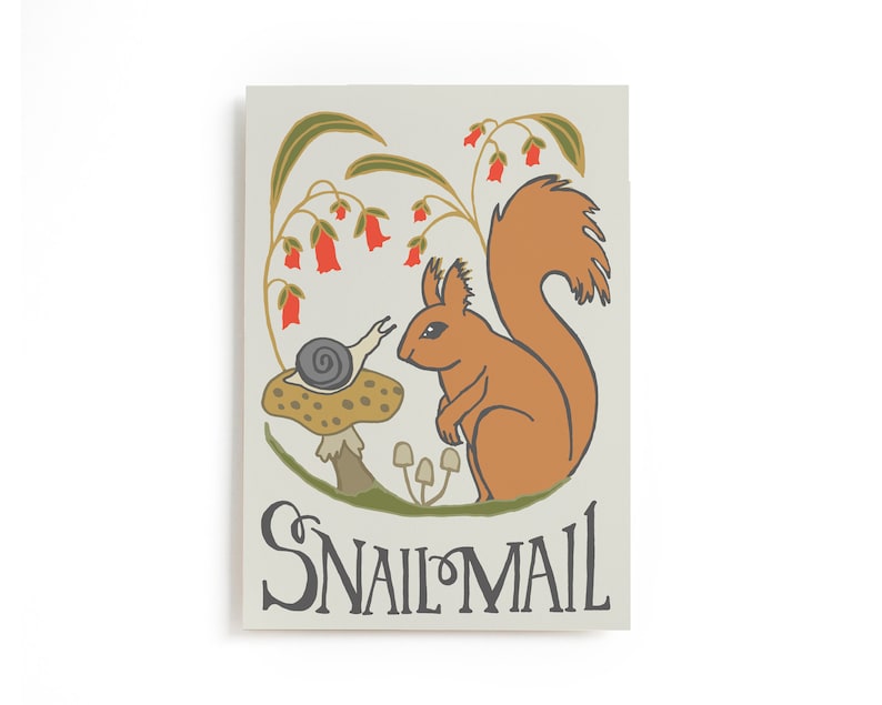 May include: A whimsical illustration of a red squirrel and a snail on a mushroom, surrounded by green leaves and red flowers. The text "Snail Mail" is written in a stylized font below the image.