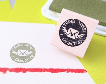 Flying Envelope Rubber Stamp, Travel Where I Cannot Go, Pen Pal Stamp, Envelope Stamp