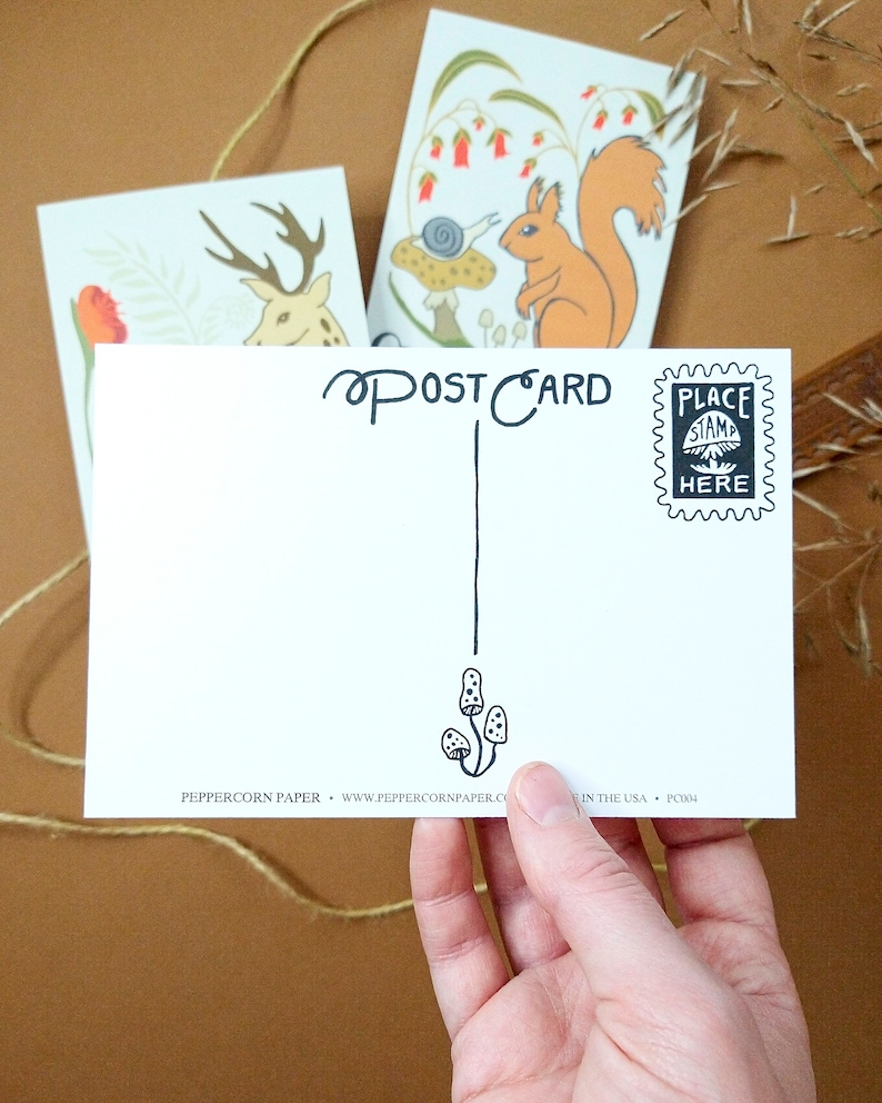 May include: A white postcard with a black and white illustration of mushrooms hanging from a string. The postcard says "POSTCARD" in black cursive writing. There is a black and white stamp that says "PLACE STAMP HERE" in the upper right corner. The postcard is made by Peppercorn Paper.