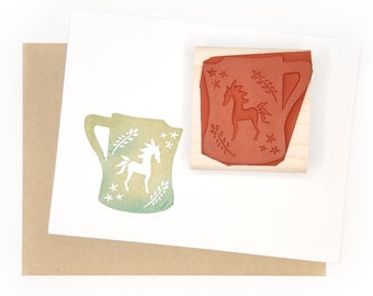 Horse Pitcher Rubber Stamp, Flower Vase Stamp, Folk Art Pitcher Rubber Stamp