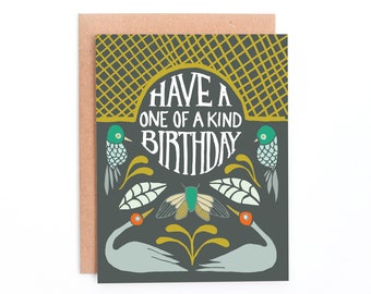 One of a kind birthday, Folk Art Birthday, Folk Art Bird Birthday Card