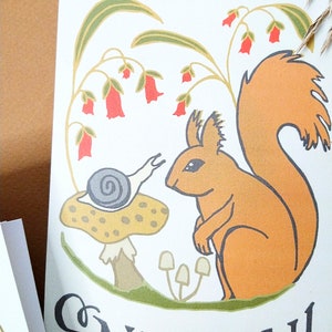 May include: A whimsical illustration of a red squirrel sitting on a green patch of grass with a mushroom and a snail. The background features a green plant with red bell-shaped flowers. The text "Snail Mail" is written in black at the bottom of the image.