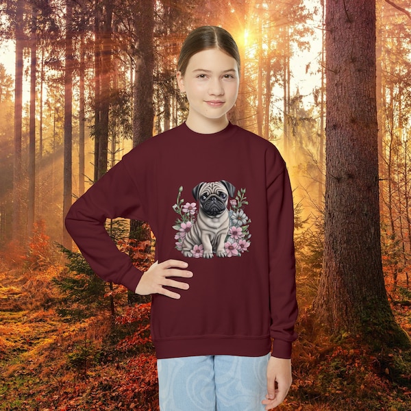 Pug Puppy Sweatshirt for Youth, Kids Dog Hoodie, Cute Animal Jumper, Fun Gift for youth, Dog Lover Sweatshirt, Cozy Pullover Crewneck