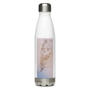 Hand Drawn Grim Reaper Water Bottle, Gothic Bottle, Skull Art Drinkware, Alternative Dark Gift, Unique Water Flask