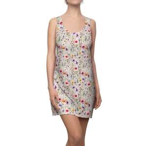 Wild Flower Racer Back Dress, Watercolor Print Sundress, Nature Inspired Dress, Women's Floral Summer Dress