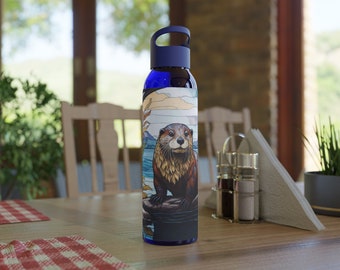 Otter Water Bottle, Stain Glass Art, Nature Inspired Bottle, Unique Gift for Animal Lovers - Sky Water Bottle