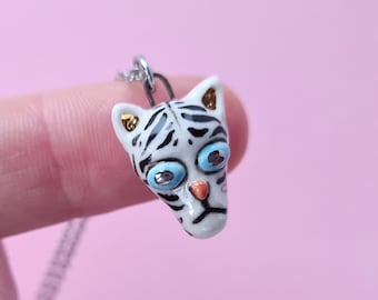 White Tiger Necklace, Porcelain tiger pendant, Ceramic cat charm, Big cat necklace, Cute animal charm, Small animal charm, Animal jewelry