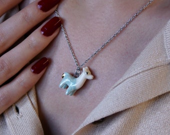 Cute Llama Necklace, Porcelain Alpaca Charm, Tiny Animal Jewelry, Llama Mama Gift, Dainty Animal Charm, Handmade Ceramics, Best Friend Gift