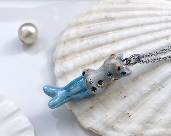 Porcelain Purrmaid Necklace, Ceramic Cat Pendant, Small Cat Mermaid Charm, Dainty Cat Necklace, Leopard Cat, Cat lover gift, Gift for girls