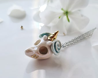 Ceram Unicorn Skull Charm, Animal Skull Necklace, Unicorn Skull Pendant, Porcelain Necklace, Boho Skull Jewelry, Mint Charm, Gift for her