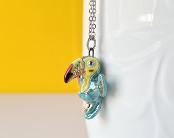 Toucan Necklace, Ceramic Toucan Pendant, Parrot Charm, Tropical Bird Necklace, Porcelain Small Bird Charm, Bird Lover Gift, Teal Gold Charm