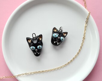 Porcelain Black Cat Necklace, Cute cat charm, Black cat jewelry, Ceramic cat, Tiny cat charm, Black cat Halloween necklace, Cat lover gift