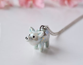 Mint Pig Necklace, Ceramic Piggie Charm, Good Luck Pig, Cosmic Pig Pendant, Cute Tiny Pig Jewelry, Animal Lover Gift, Chinese zodiac charm