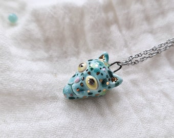 Porcelain Leopard Necklace, Leopard Charm, Handmade ceramic animal pendant, Big cat jewelry, Cute cat necklace, Cat lover gift, Tiny animal