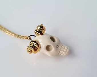 Handmade Ceramic Ram Skull Necklace, Gold Accent Goth Jewelry