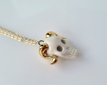 Ram Skull Necklace, Porcelain Skull Pendant, Goth Skull Charm, Ceramic Skull Jewelry, Gold Skull, Halloween Skull, Dainty Skull, Goth Gift