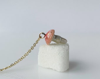 Small Pink Mushroom Necklace, Porcelain Dainty Fungi Charm, Fungus Jewelry, Ceramic Fly Agaric Necklace, Valentine's Day Gift, Gift for her