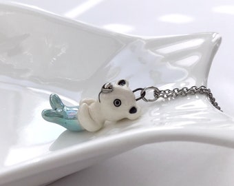 Polar Bear Mermaid Necklace, Cute Bear Charm, Miniature Ceramic Bear pendant, Small Animal Charm, White Bear, Bear Lover Gift, Gift for her