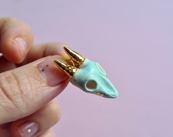 Ceramic Cow Skull Necklace, Mint Green Porcelain Pendant, 22K Gold Luster