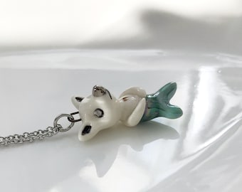 Arctic Fox Mermaid Necklace, Ceramic Fox Charm, Woodland Animal Pendant, Small Fox Charm, Animal Lover Gift, Porcelain Fox, Gift for girls