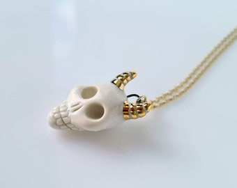 Ceramic Skull Necklace, Handmade Skull Pendant, Goth Skull Charm, Ceramic Skull Jewelry, Gold Skull, Skull Jewelry, Dainty Skull, Goth Gift