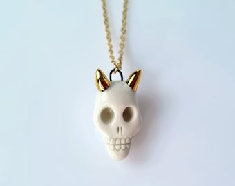 Skull with Horns Necklace, Goth Skull Charm, Skull Pendant, Ceramic Skull Jewelry, Gold Skull, Halloween Skull, Dainty Skull, Goth Girl Gift