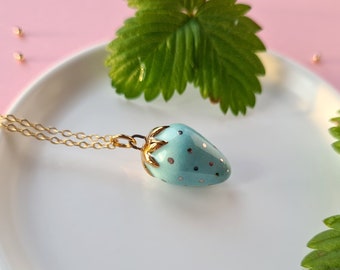 Blue Strawberry Necklace, Porcelain Fruit Pendant, Strawberry Jewelry, Small Berry, Small Mint Necklace, Valentine's Day Gift, Gift for her