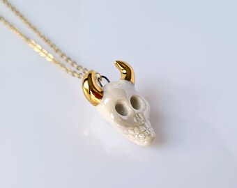 Ceramic Skull Necklace, Goth Skull Charm, Cow Skull Pendant, Skull Jewelry, Gold Skull, Halloween Necklace, Dainty Skull, Goth Girl Gift