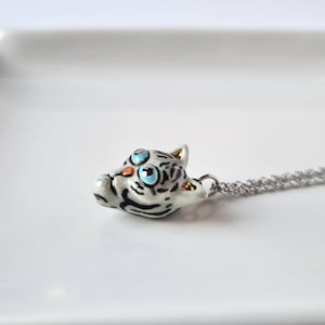 Tiger Necklace, Porcelain Tiger Pendant, Small tiger charm, Handmade ceramic tiger, Cute animal necklace, Cat lover gift, Small animal charm image 1