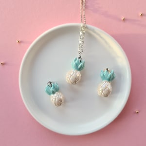 Small Pineapple Necklace, Tropical Fruit Charm, Ceramic Pineapple Pendant, Bridesmaid gift, Dainty Ceramic necklace, Valentine&#39;s Day Gift