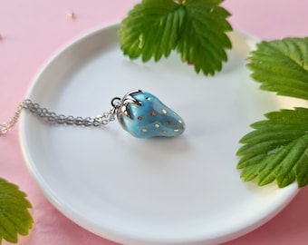 Blue Strawberry Necklace, Porcelain Fruit Pendant, Strawberry Jewelry, Small Berry, Small Mint Necklace, Valentine's Day Gift, Gift for her