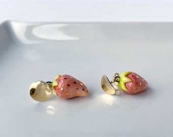 Porcelain Strawberry Earrings, Gold-Filled Strawberry Dangle & Drop Earrings, Pink and Gold Earrings, Cute Ceramic Pendant Earrings, Gift